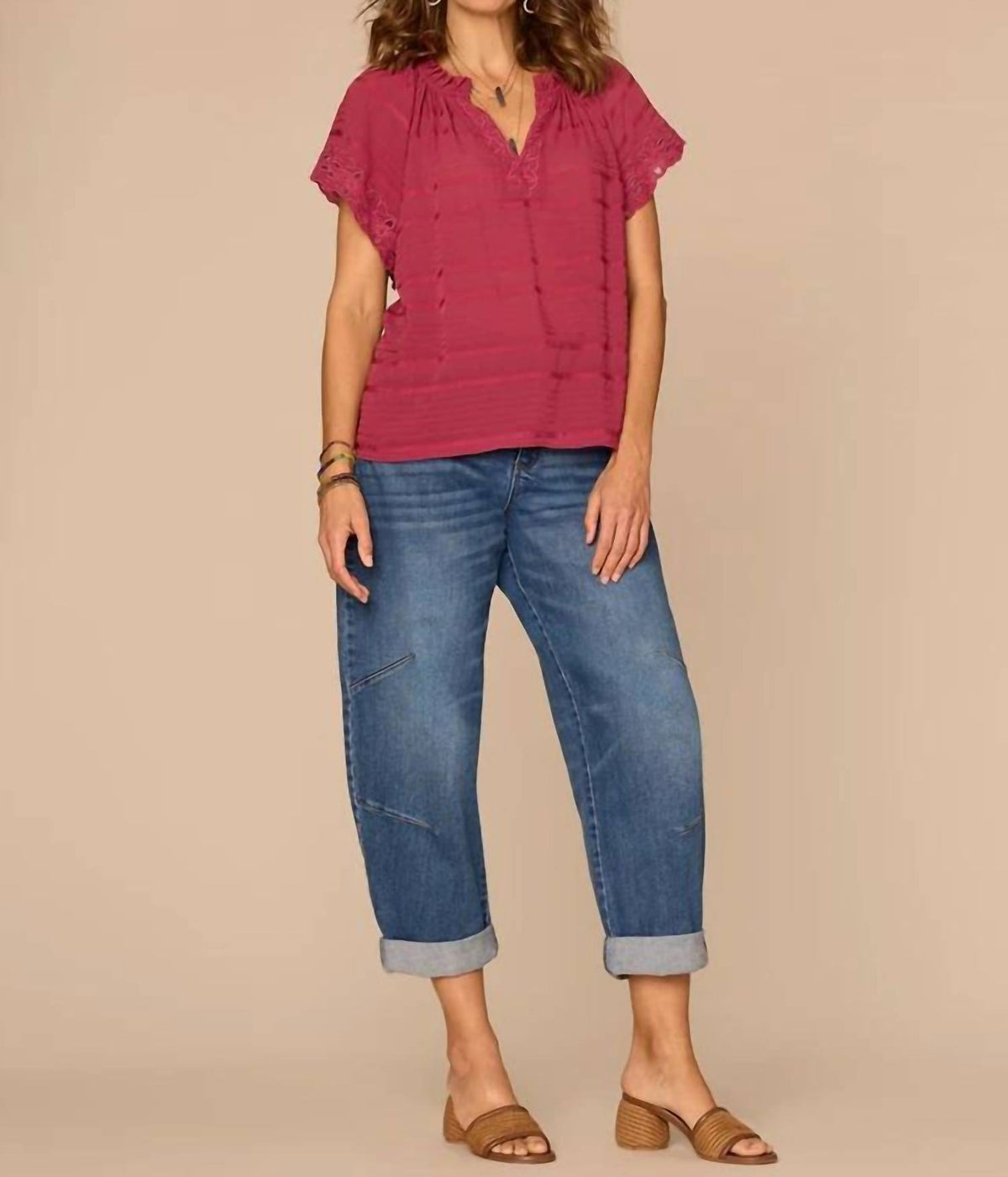 Democracy - Short Sleeve Ruffle Split Neck Embroidered Woven Top