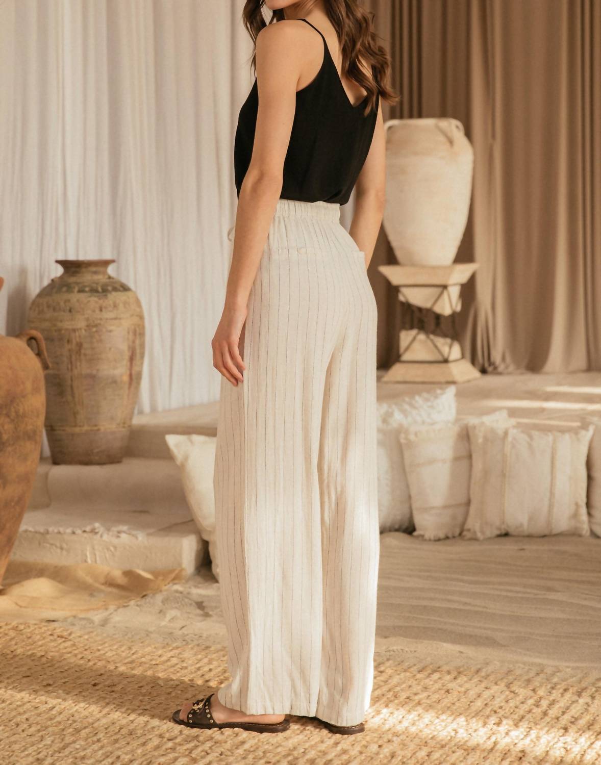 Skies Are Blue - Billie Linen Stripe Pull On Wide Leg Pants