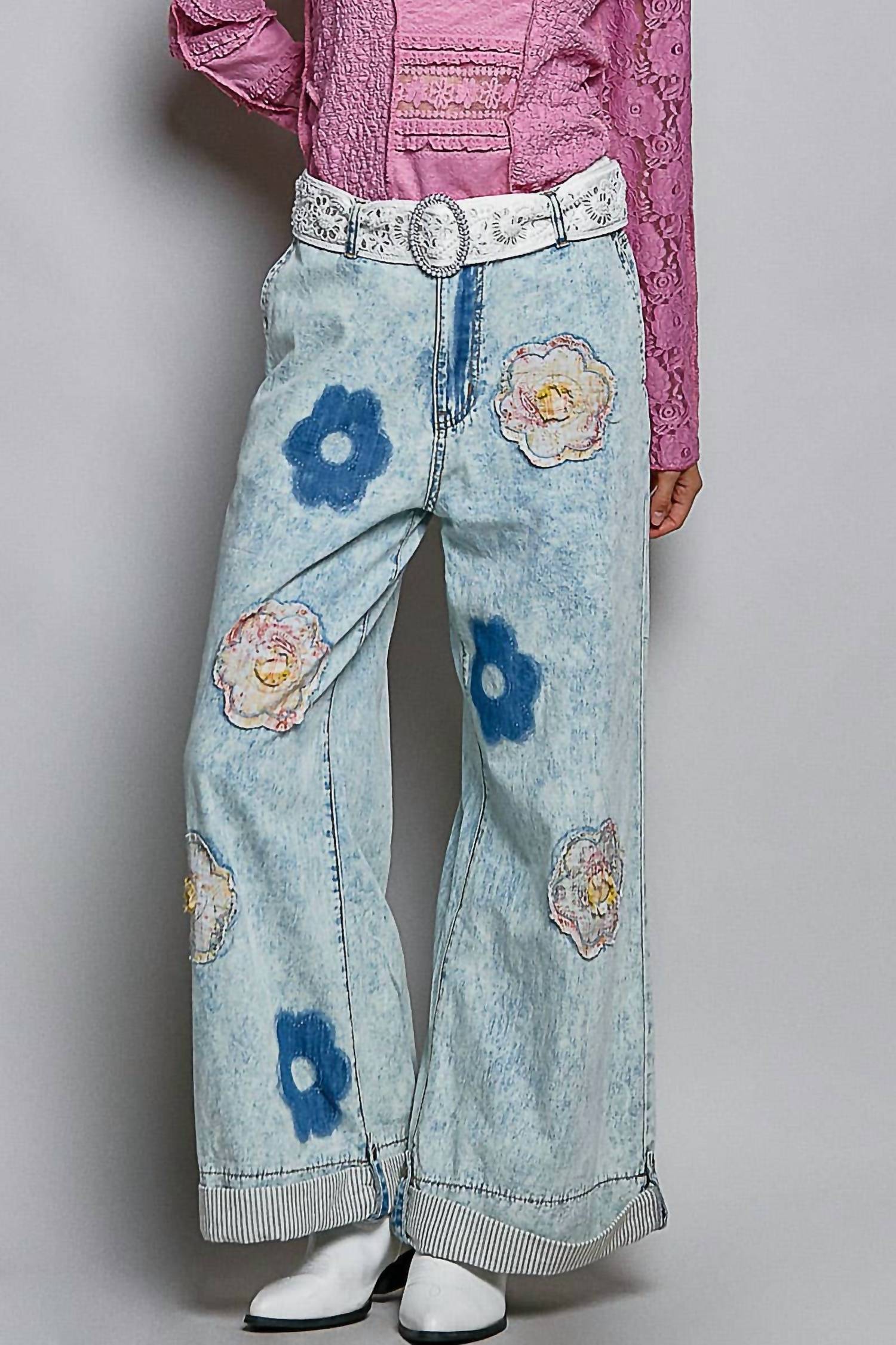Pol - Floral Patchwork Rolled-up Straight Pants