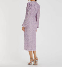 MAC DUGGAL Illusion Puff Sleeve V Neck Midi Dress in lavender - women's dress - detail view