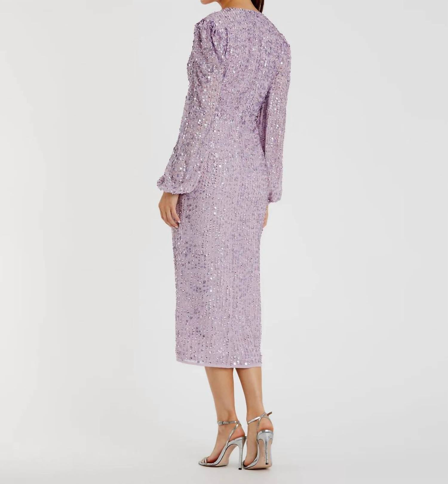 MAC DUGGAL Illusion Puff Sleeve V Neck Midi Dress in lavender - women's dress - detail view
