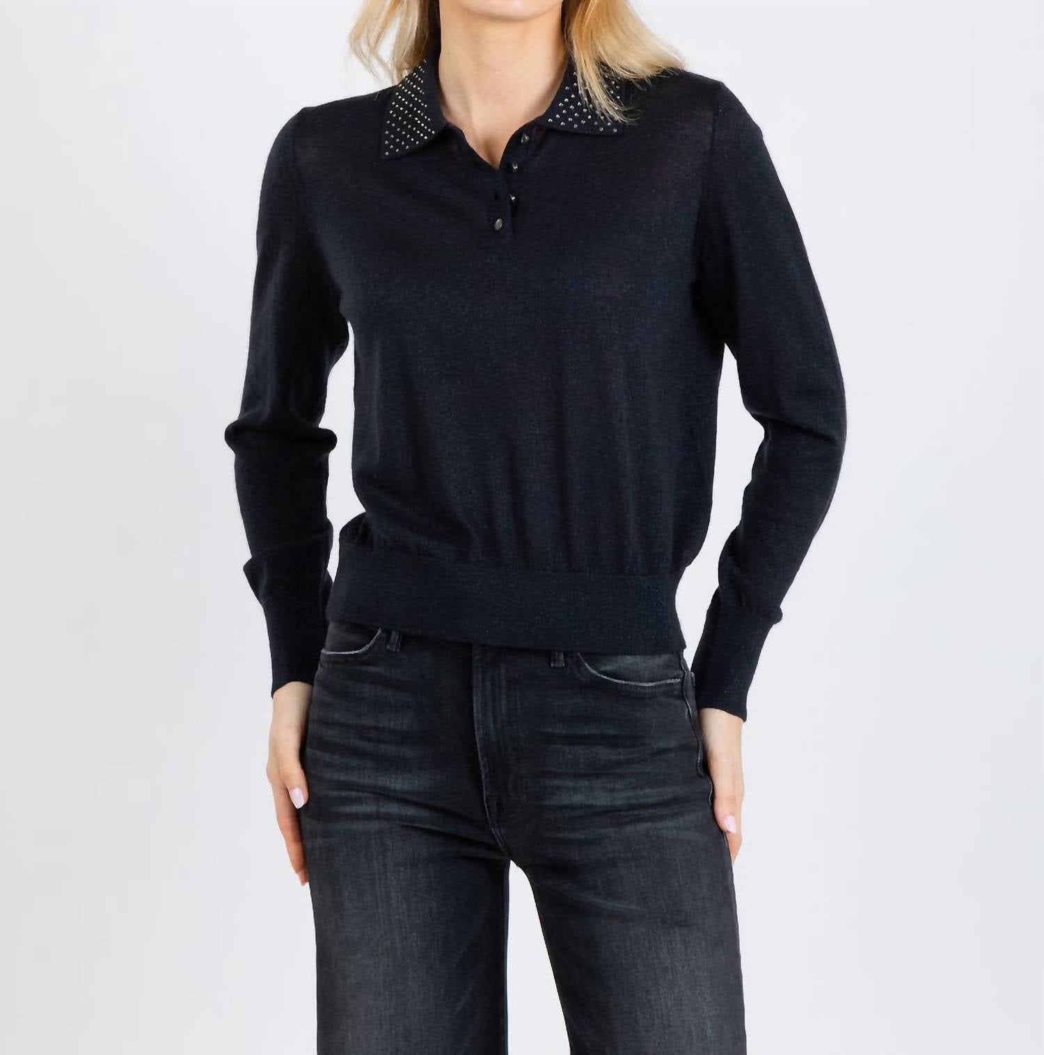 Autumn Cashmere Rhinestone Cashmere Polo Sweater in black - women's long sleeve top