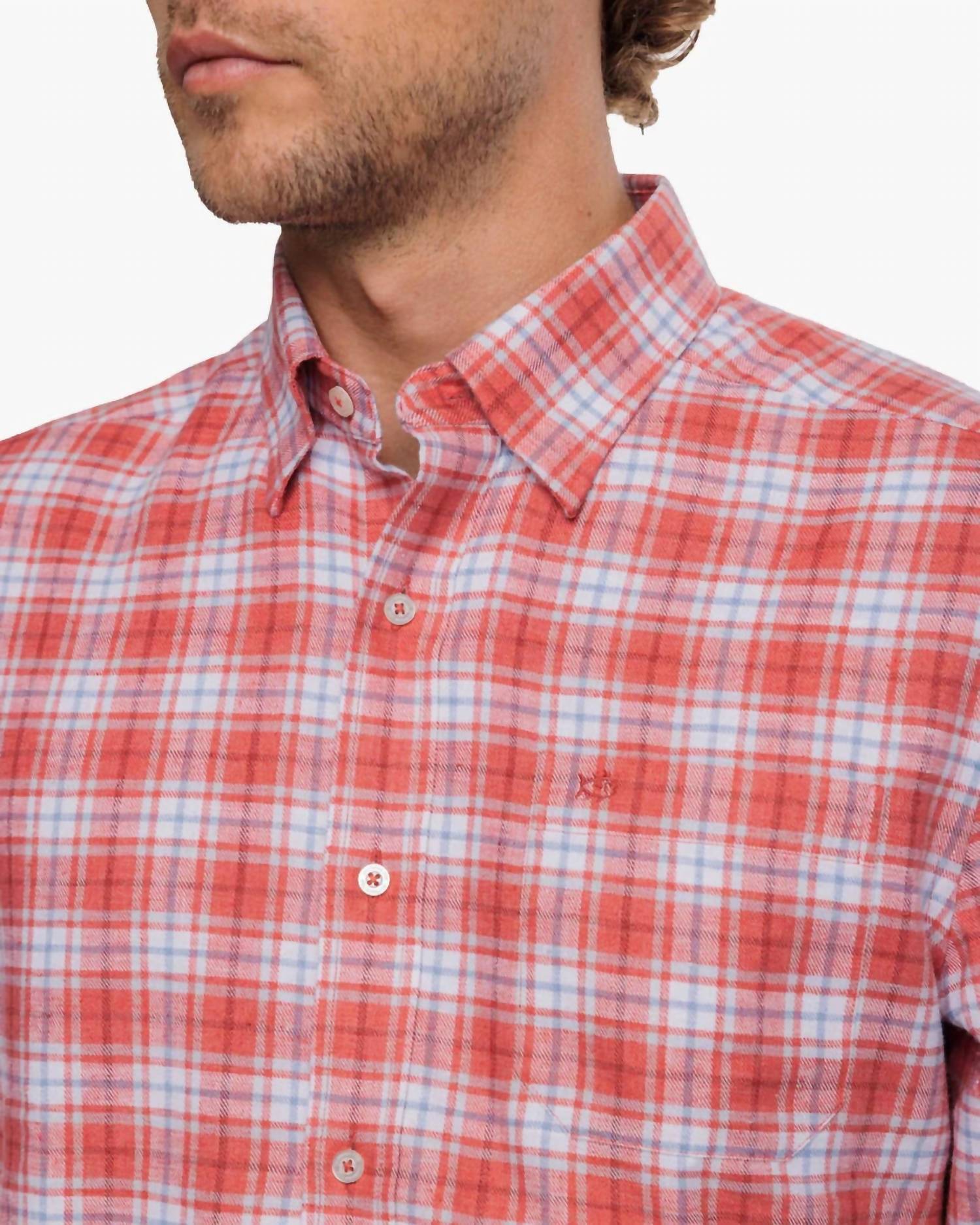 SOUTHERN TIDE Flannel Reddick Plaid Sportshirt in dusty coral - men's long sleeve top - alternate view