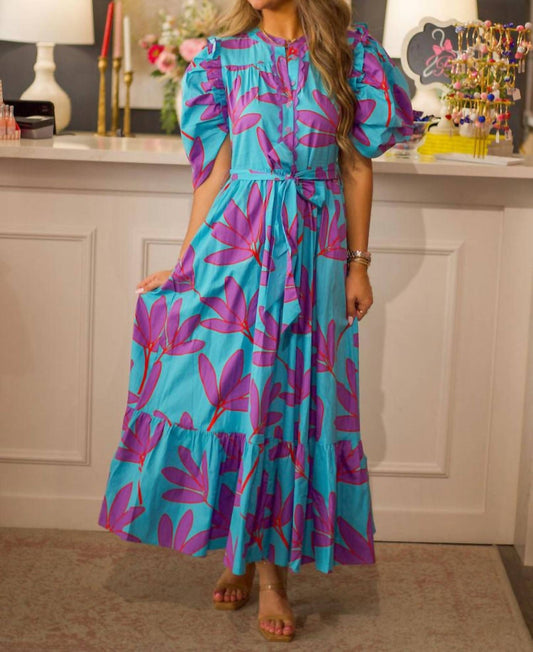 Karlie - Palm Leaf Tier Button Tie Maxi Dress