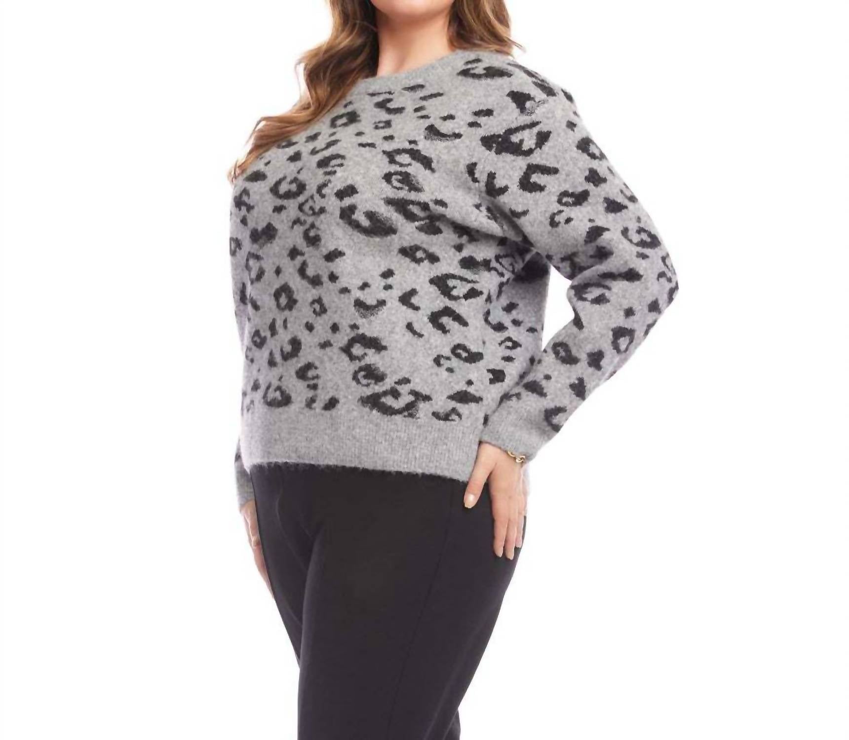 Karen Kane Metallic Animal Print Crewneck Sweater - Plus in gray with black - women's sweater - detail view