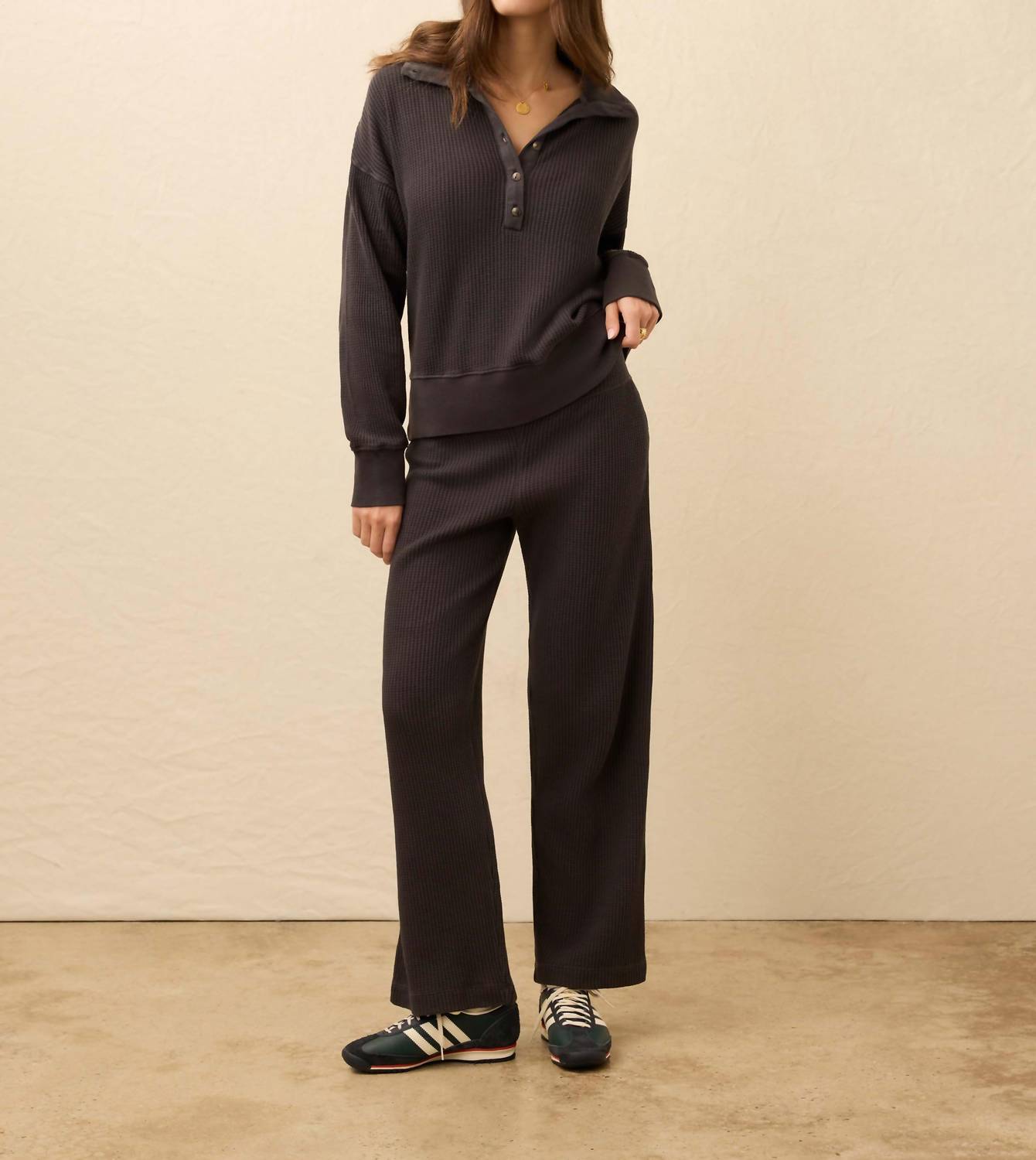 Faherty Women's Surf Waffle Henley Top in washed black - women's long sleeve top - alternate view