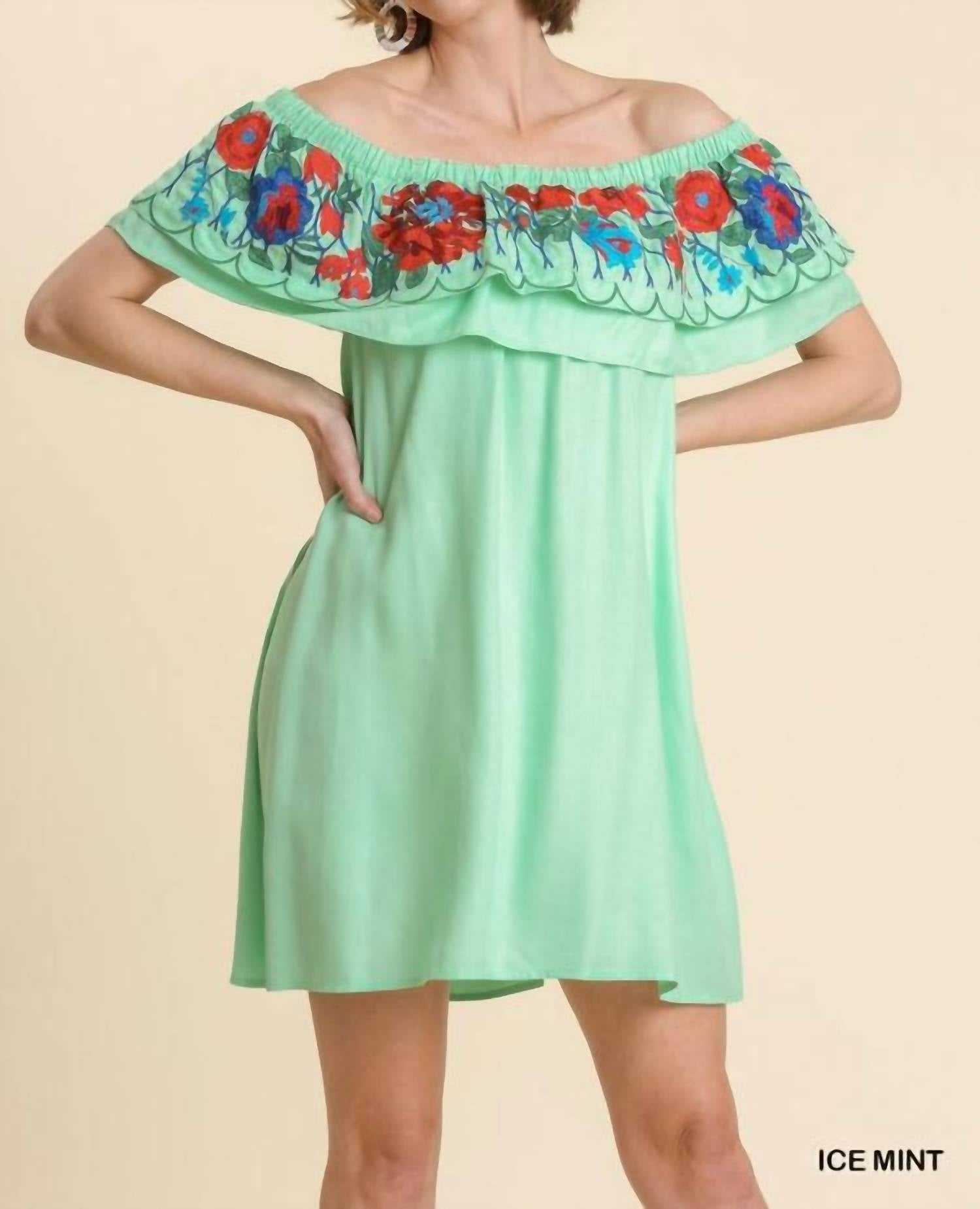 umgee Floral Embroidered Ruffled Dress in mint - women's dress - view 6