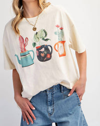 Easel - T-shirt With Graphic Cactus Planted In Tea Pots