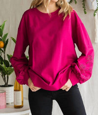 Cotton Bleu - Embroidery Sleeve Cotton Terry Pullover Top