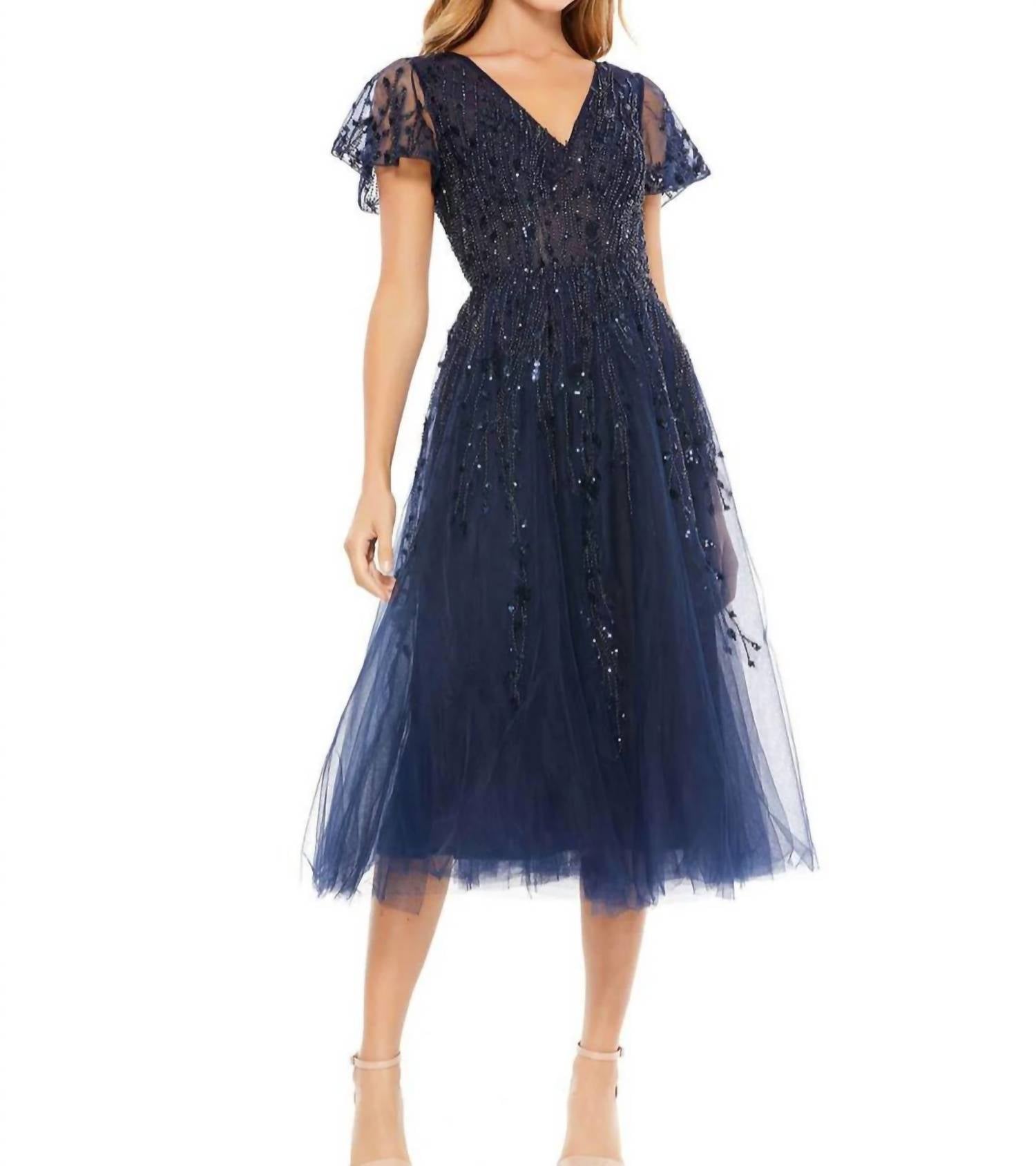 Mac Duggal - Embellished Flutter Sleeve Tea Length Dress
