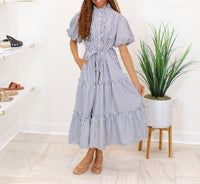 &merci Striped Ruffled Button Down Midi Dress in navy - women's dress