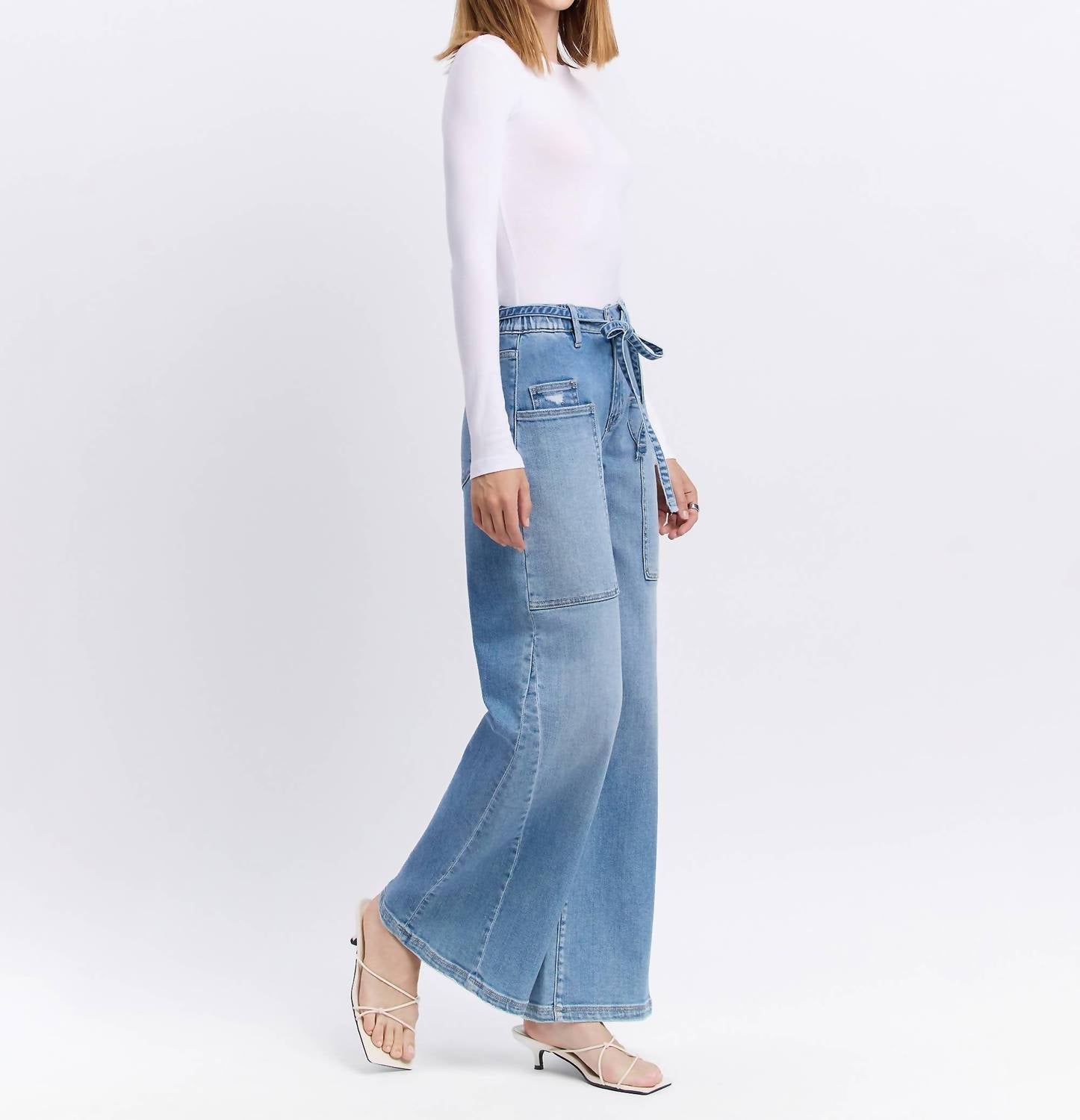 Flying Monkey - Carmen High Rise Elastic Tie Waistband Baggy Wide Jeans