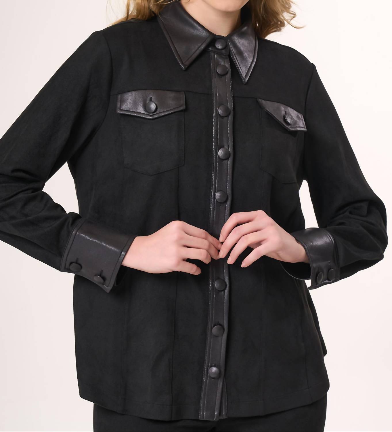 Angel Apparel Vegan Leather Shirt in black - women's shirt - detail view