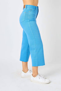 Judy Blue High Waisted Garment Dyed Tummy Control Crop Wide Pants - Plus in blue - women's pants - detail view