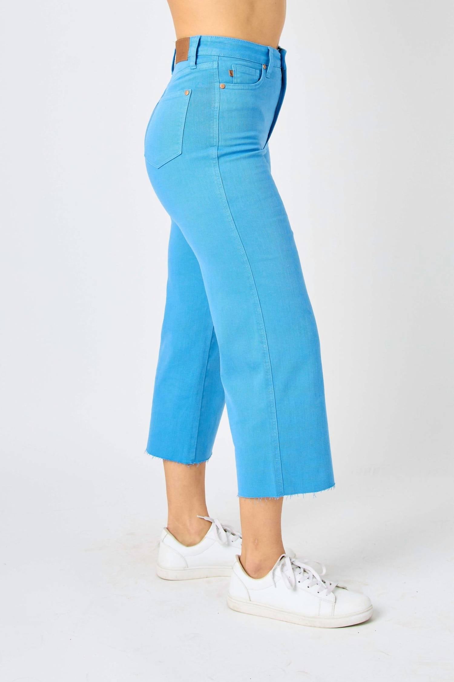 Judy Blue High Waisted Garment Dyed Tummy Control Crop Wide Pants - Plus in blue - women's pants - detail view