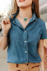 Lucky & Blessed - Stretch Denim Pearl Snap Boot-stitch Top