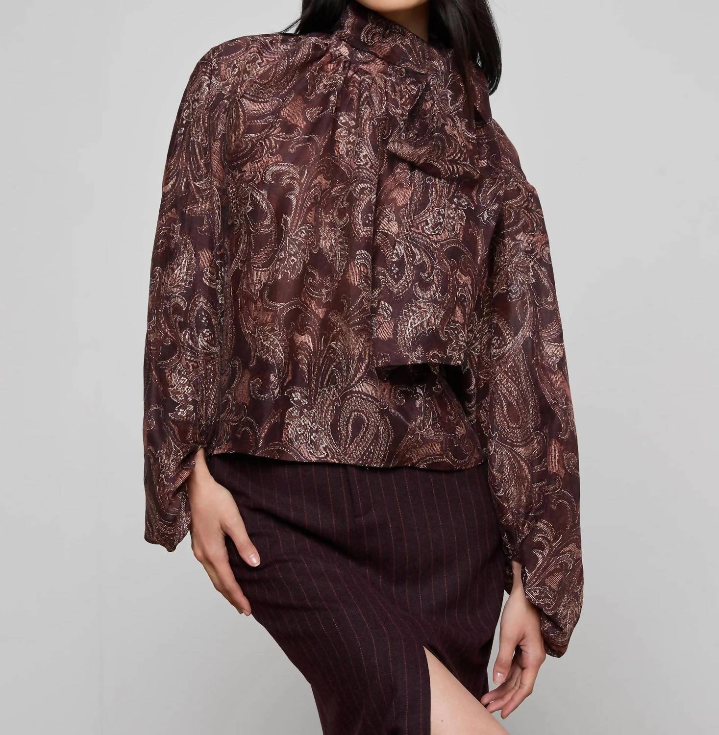 L'Agence Rhett Oversized Blouse in brown etched paisley - women's blouse