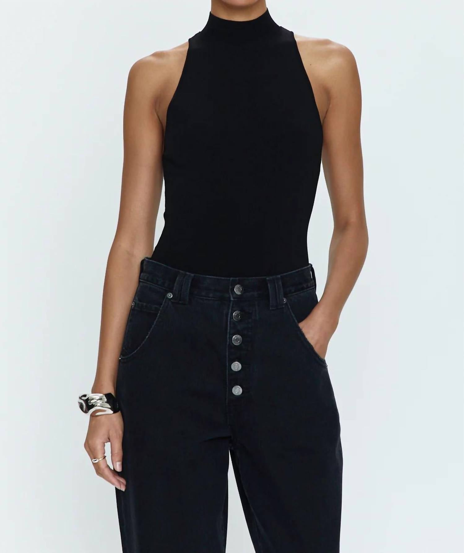 PISTOLA Janessa Mock Neck Bodysuit in midnight - women's shirt - detail view