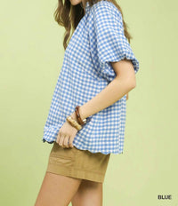 Umgee - Gingham Bubble Sleeve V-neck Top