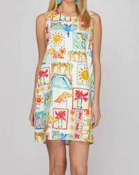She + Sky - Sleeveless Woven Print A-line Mini Dress With Pockets