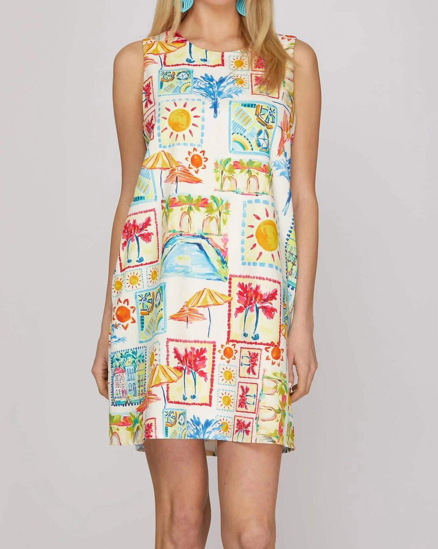 She + Sky - Sleeveless Woven Print A-line Mini Dress With Pockets