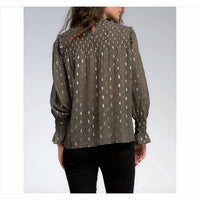 ELAN Smocked Top Foiled Blouse in black gold - women's blouse - detail view