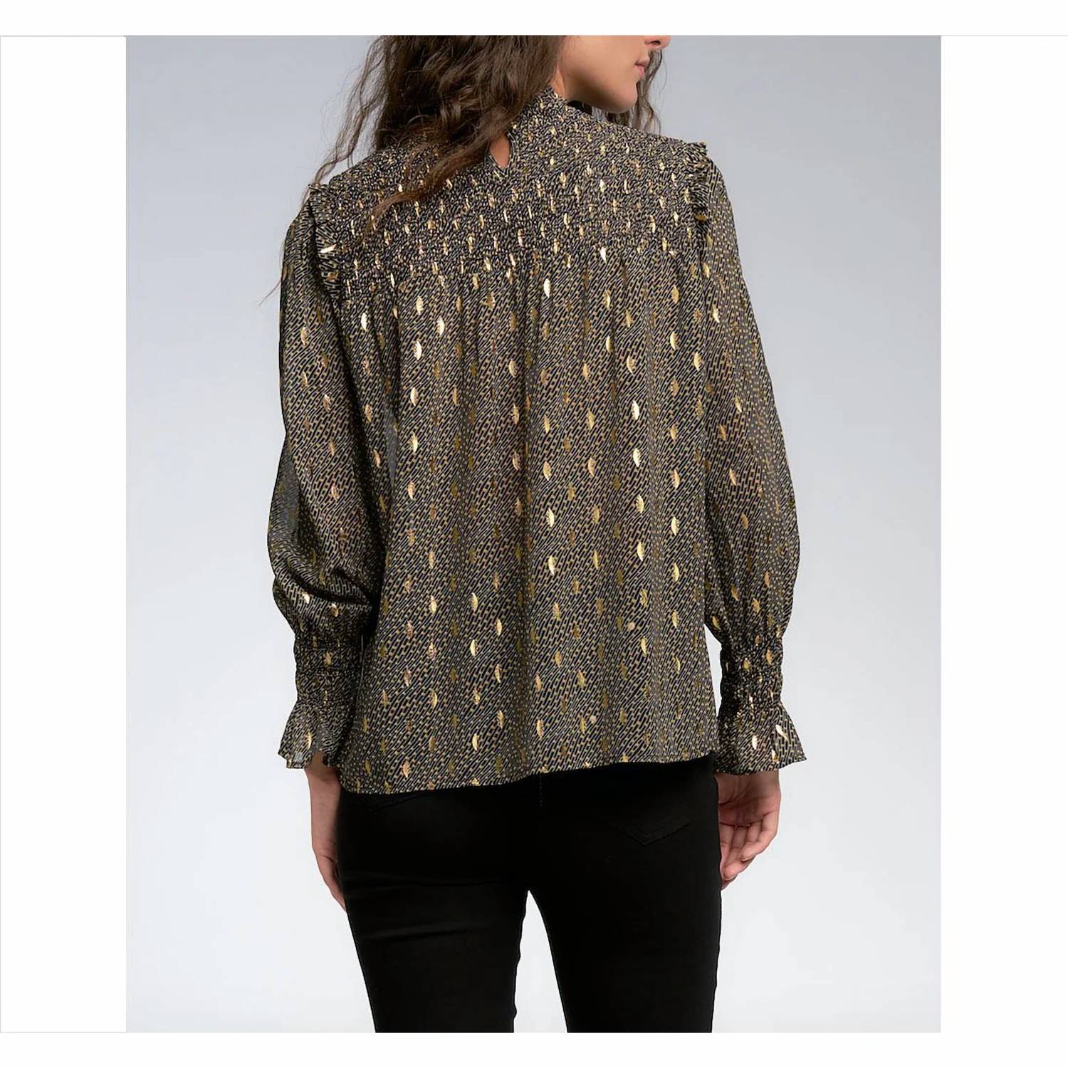 ELAN Smocked Top Foiled Blouse in black gold - women's blouse - detail view