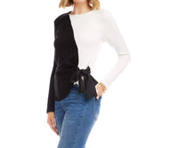 Karen Kane Long Sleeve Colorblock Satin Bow Top - Petite in black and ivory - women's blouse - view 4