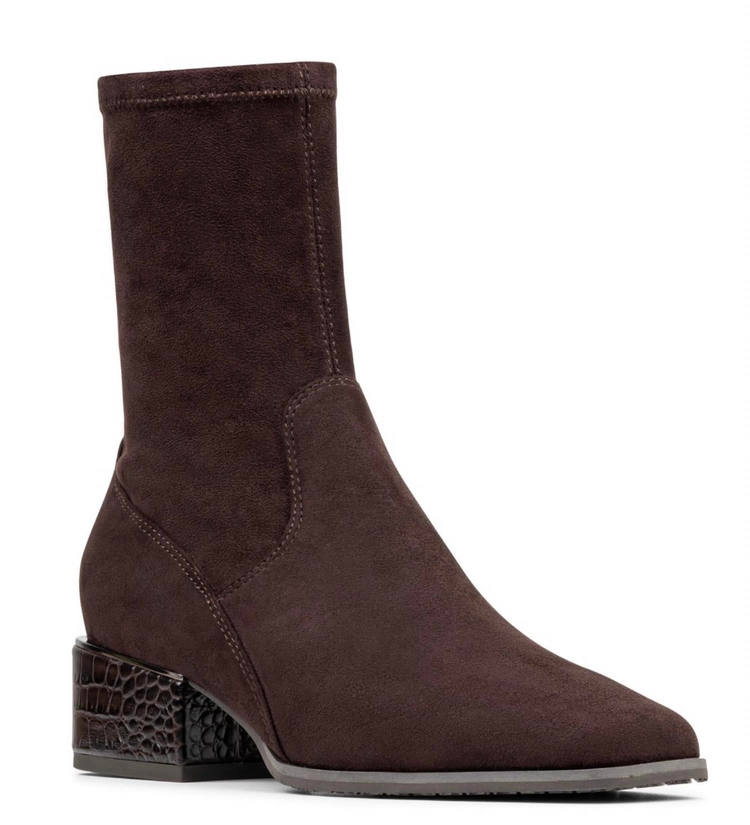 DONALD PLINER Women's Asherasu Croco Embossed Block Heel Booties in dark brown - women's shoe - detail view