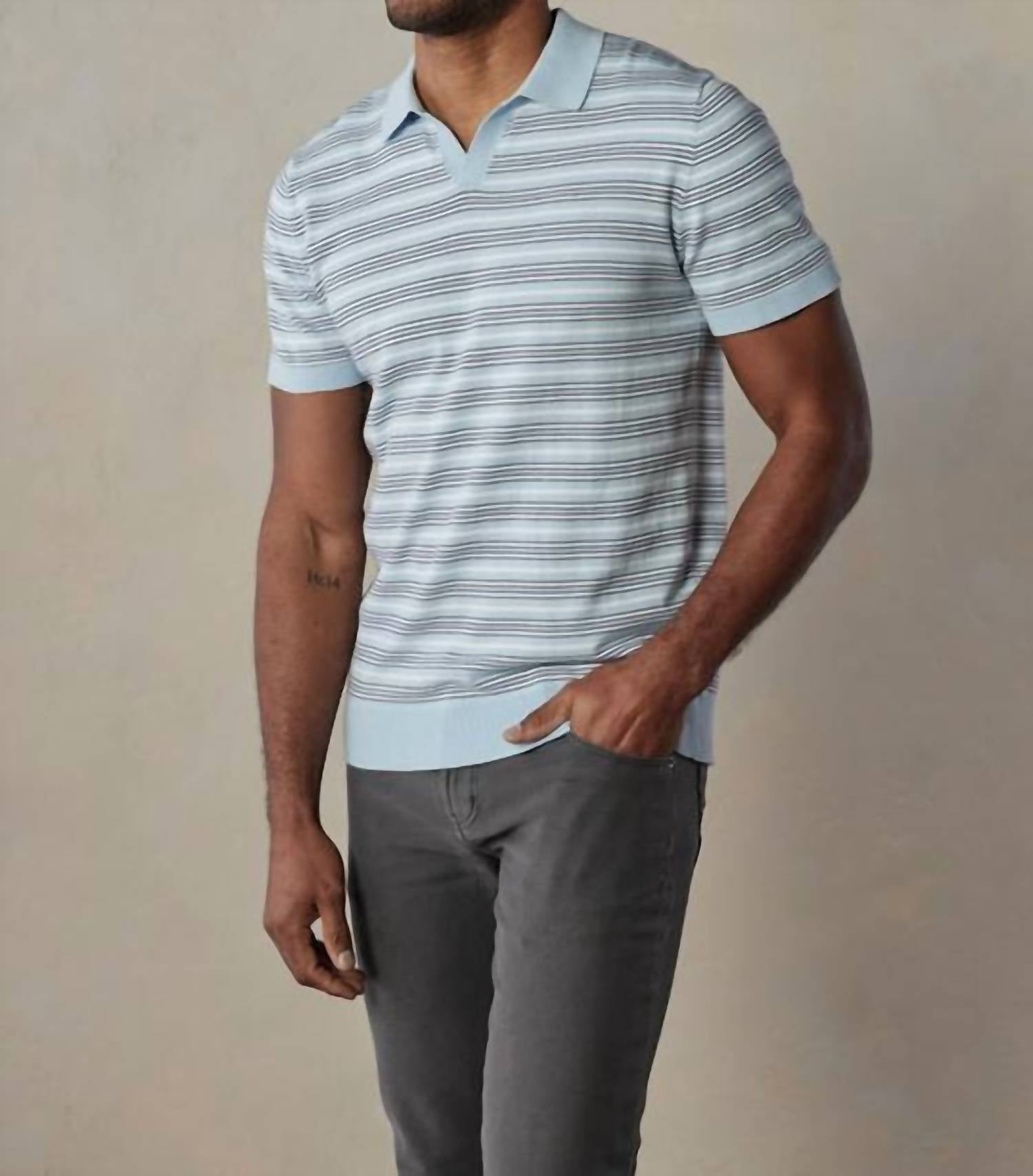 The Normal Brand Robles Striped Polo in clear sky stripe - men's shirt - alternate view