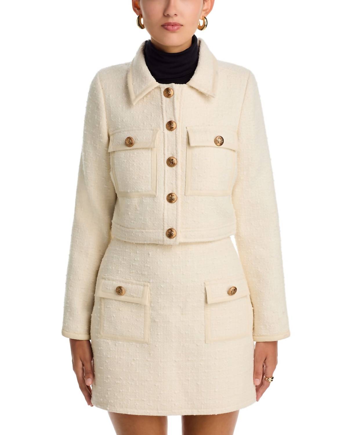 Stellah Tweed Jacket with Leather Trim in cream - women's jacket