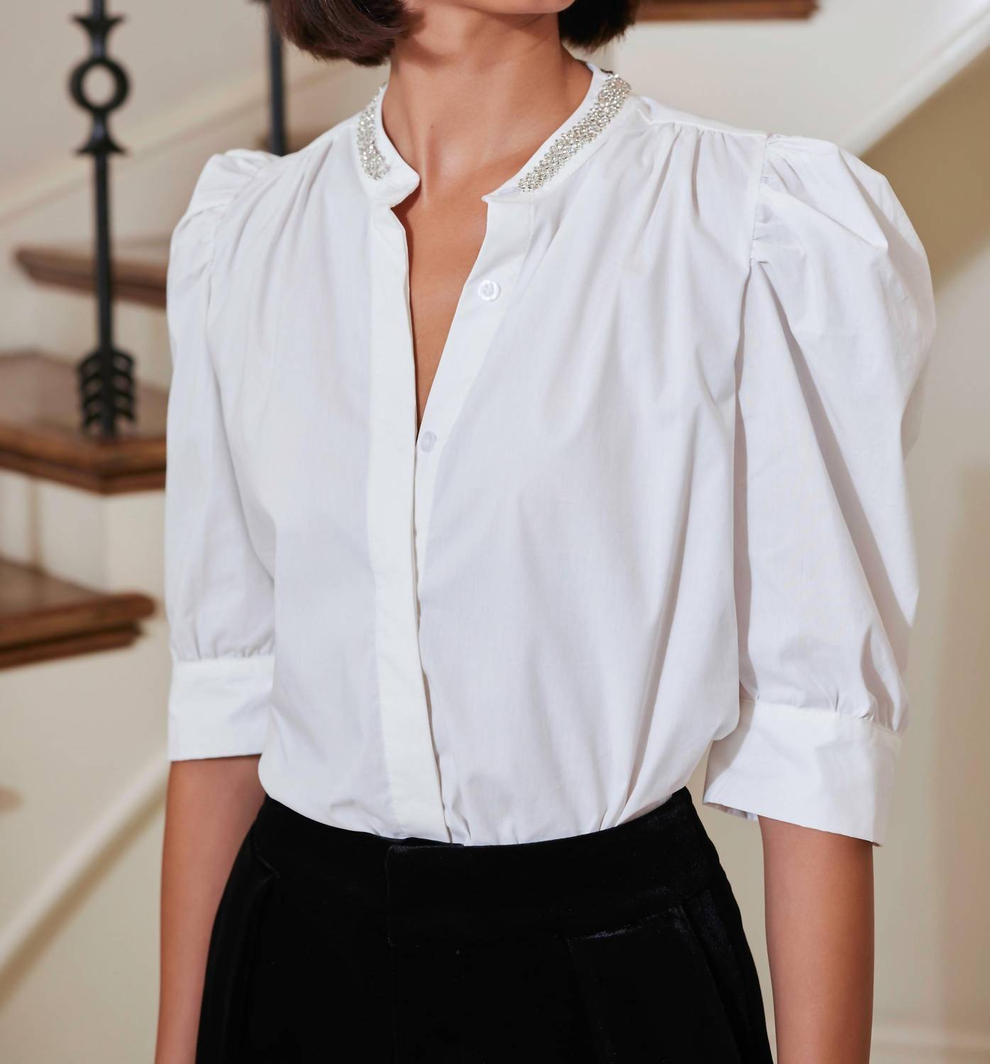 bishop + young Cate Ruched Sleeve Top in white embellished - women's blouse - detail view