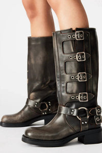 Steve Madden - Women's Rocky Distressed Leather Buckle Hardware Tall Moto Engineer Boots