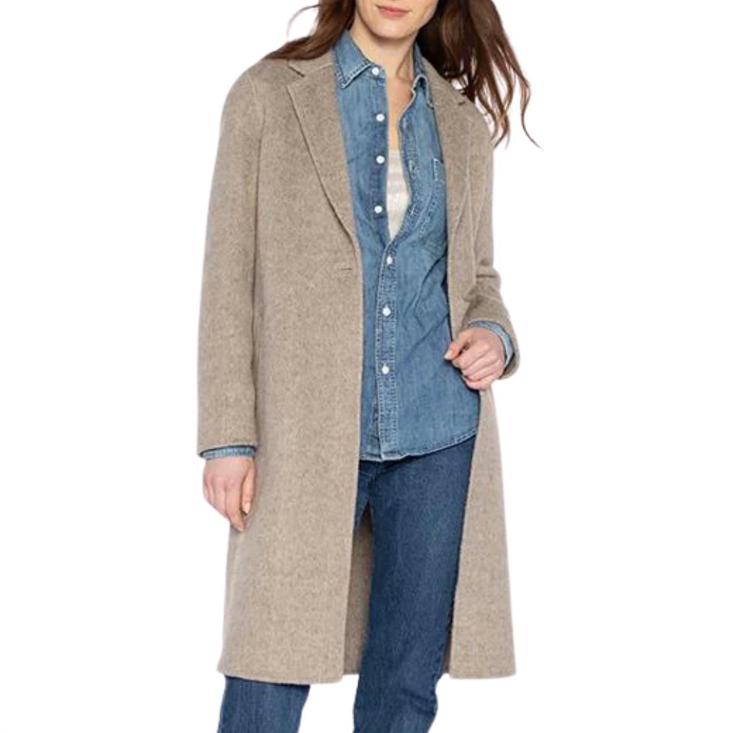 Kinross Brushed Herringbone Notch Collar Coat in taupe multi - women's jacket
