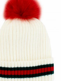 Mitchie'S Matchings - Women's Knit Beanie With Stripe & Fox Fur Pom Pom