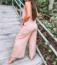 GILLI Linen Cropped Top and Frayed Wide Leg Pant Set in tan - women's pants - alternate view