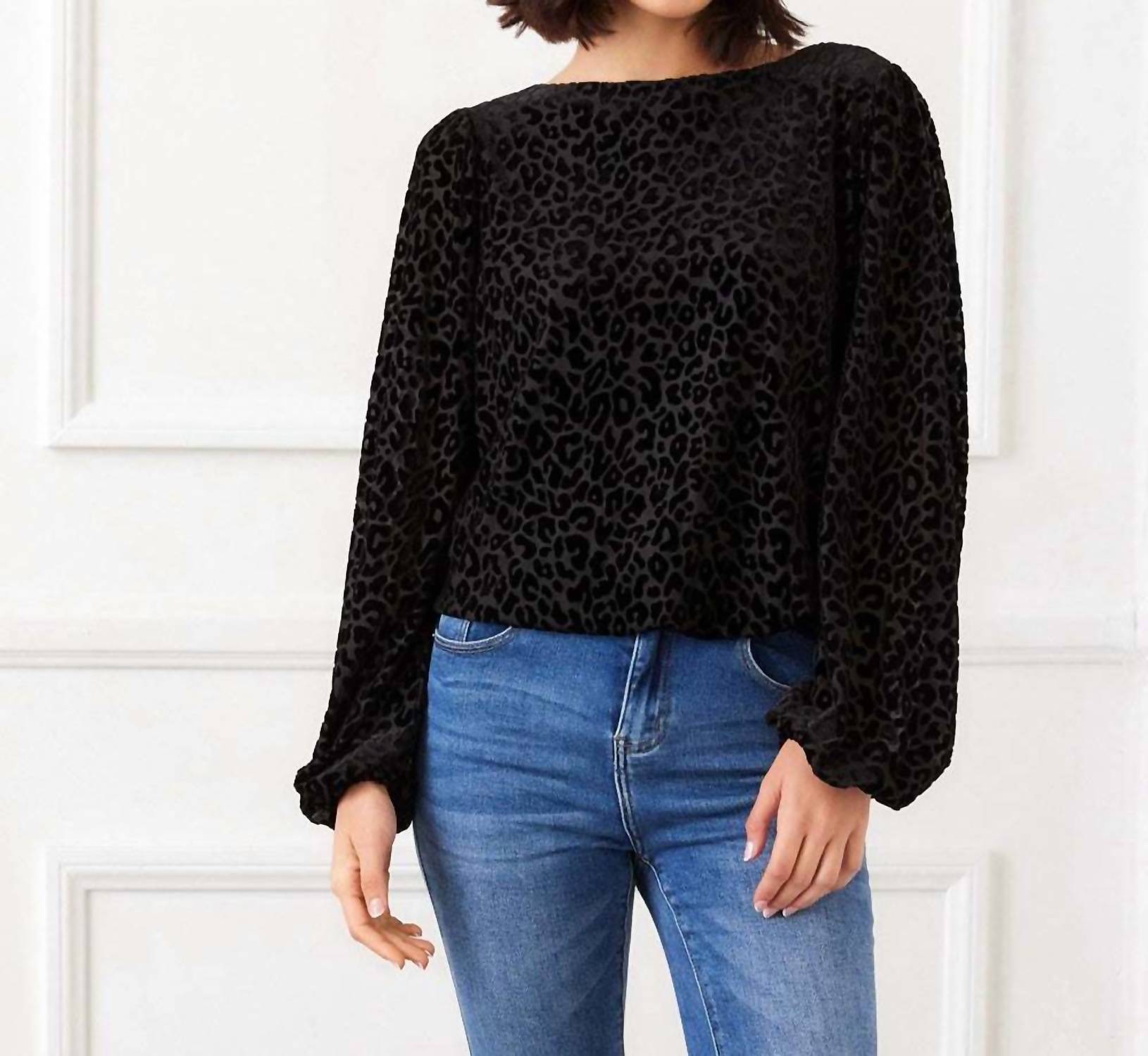 Karen Kane Blouson Sleeve Velvet Burnout Boatneck Top in leopard - women's blouse - view 5