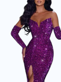 PORTIA&SCARLETT Thigh High Sequin Prom Dress in grape - women's dress - detail view