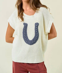 Doe and Rae Horseshoe Ribbed Sweater Vest in cream blue - women's sweater