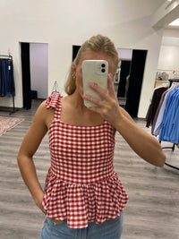 By Together Gingham Print Square Neck Peplum Top in red - women's blouse - view 5