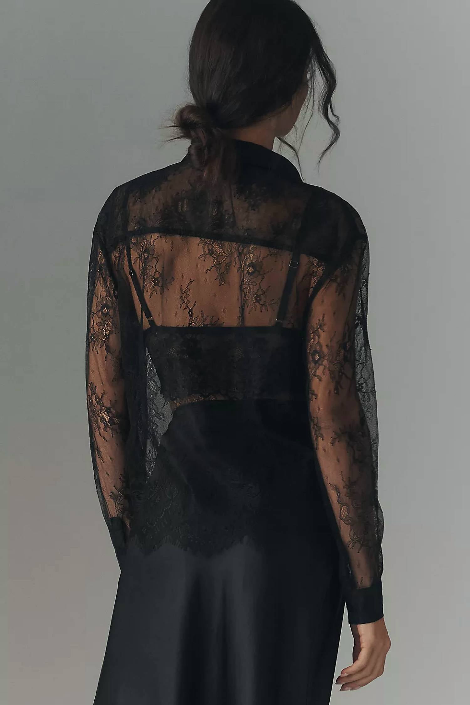 En Saison Darcy Long-sleeve Sheer Lace Button Down Top in black 1 - women's blouse - alternate view