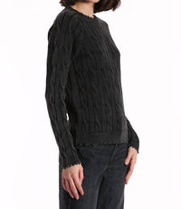 Minnie Rose - Cotton Stone Wash Distressed Cable Crew Top