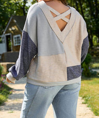 66Disco - Textured Colorblock Patchwork V-neck Top - Plus