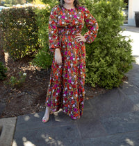 Ces Femme - V-neck Flower Woven Print Tiered Dress