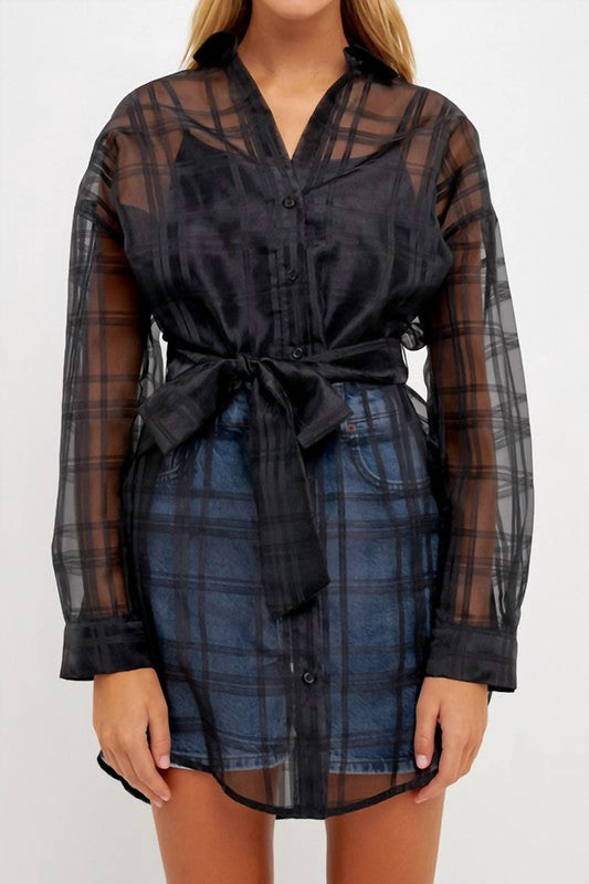 Checked Organza Tie Blouse