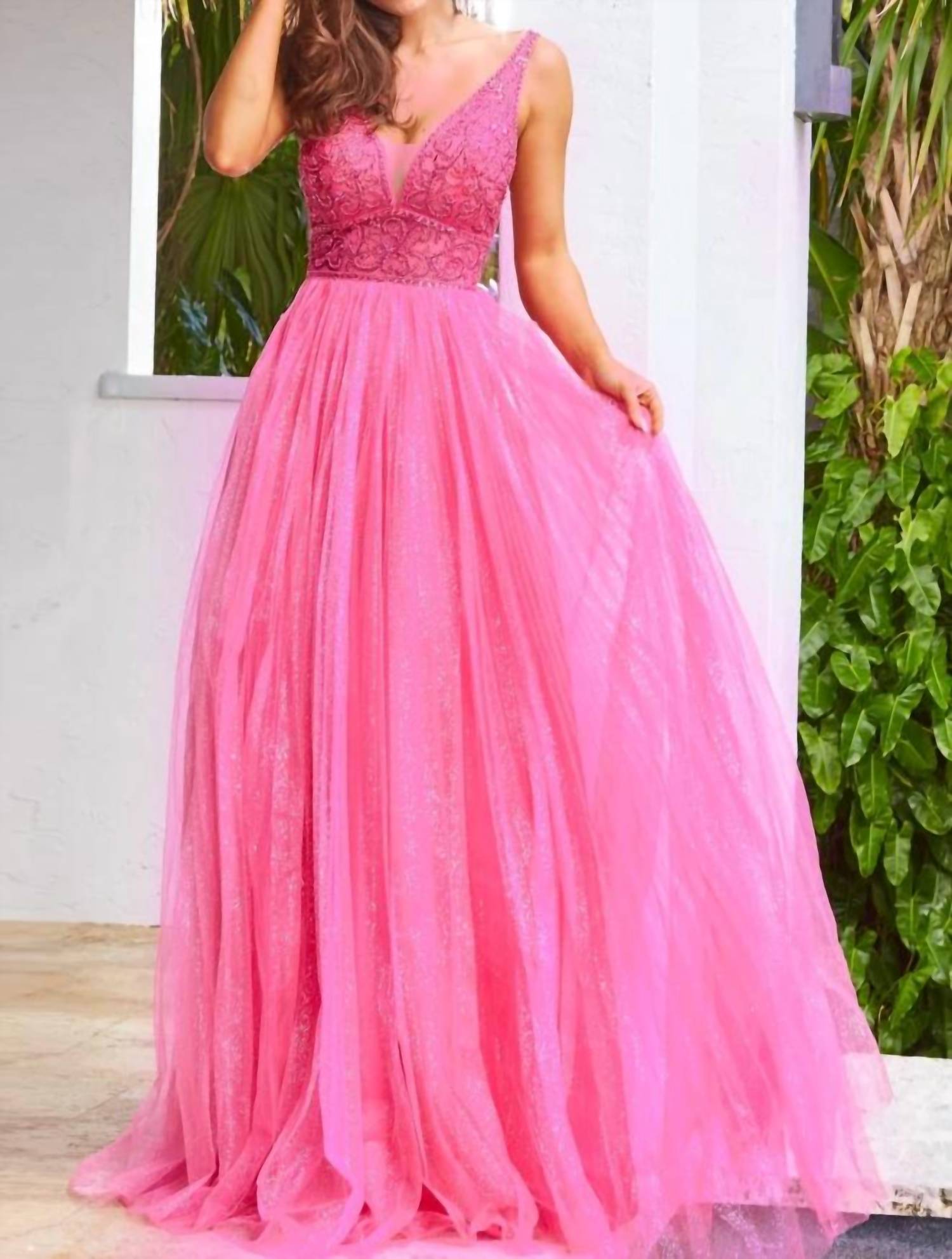 Jovani - Embellished Deep V Neck A-line Gown