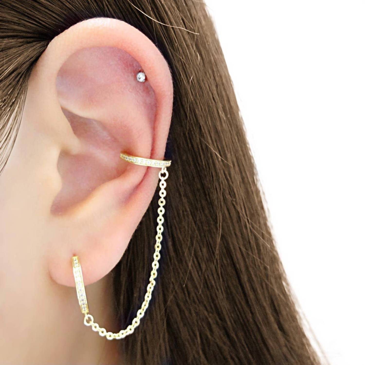 Kikichic - Women's Cubic Zirconia Diamond Chain Ear Cuff With Hoop Earrings