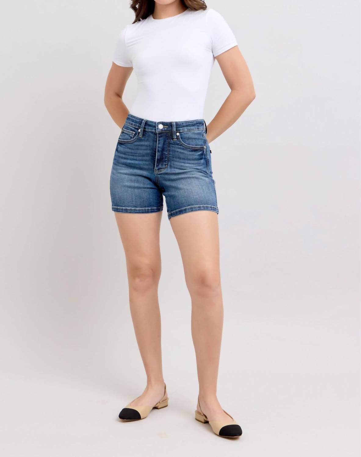 Judy Blue Tummy Control Mid Length Shorts in blue - women's shorts