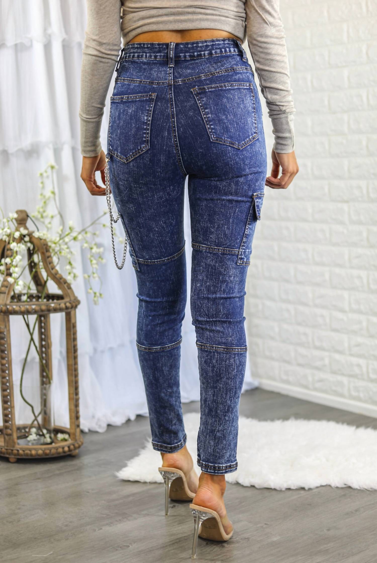 Surelymine - Women's High Waisted Cargo Style Skinny Jeans