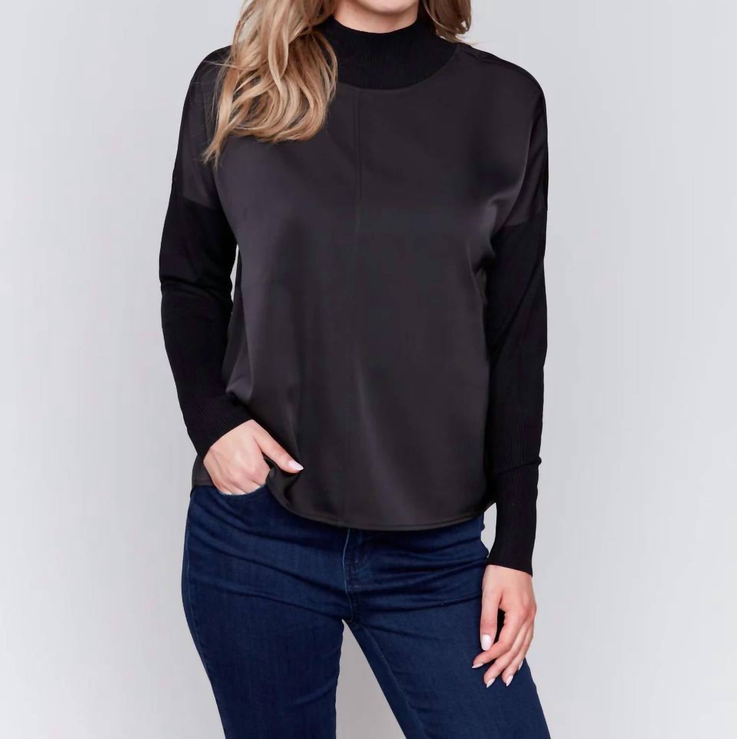 Charlie B - Mock Neck Satin-knit Combo Sweater